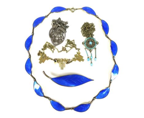 A group of Scandinavian jewellery, comprising a David Andersen Norway silver necklace and brooch of blue enamelled leaf desig