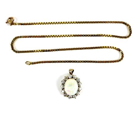 A 9ct gold box link chain, 38cm long, 6.3g, together with a yellow metal unmarked pendant set with a large oval opal, 12.4 by