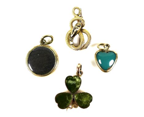A group of four gold pendants, comprising a 14ct gold coiled snake design, a 14ct gold heart set with turquoise, 2.1g total, 