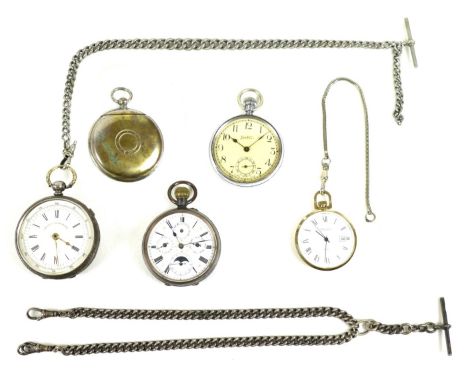 A group of four 19th century and later pocket watches, comprising a steel cased open faced calendar pocket watch, white ename