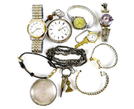 A silver cased pocket watch and Albert together with group of five wristwatches and a key shaped 'nurses' brooch watch, the p