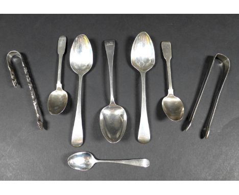 Eight pieces of George III and later silver flatware, comprising  three old English pattern dessert spoons: two George III sp