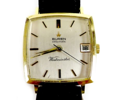 A Buren Intra-Matic Westminster 18ct gold cased gentleman's wristwatch, late 1960s, the rectangular pearlised dial with gold 