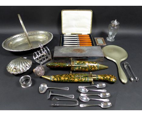 A collection of silver plated items including a rectangular cigarette box, engraved presentation inscription to top, a set of