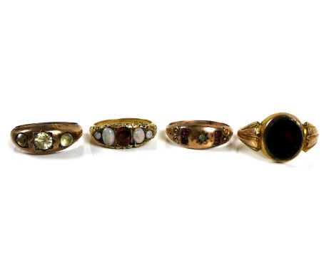 An 18ct gold five stone opal ring, a/f with one missing stone, size N, 2.8g, together with a 9ct gold gypsy set white and red