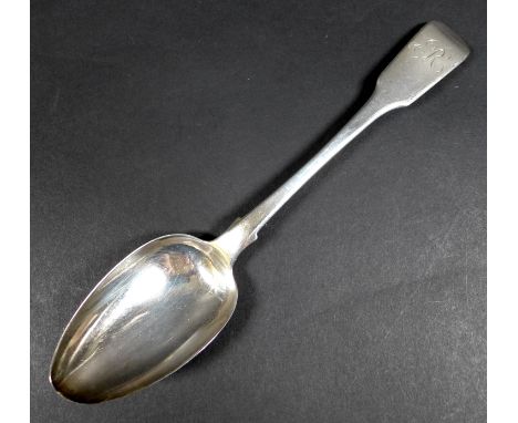 A George III silver table spoon, with fiddle back terminal engraved with an 'R', Robert Peppin, London 2.2toz, 22cm long. 