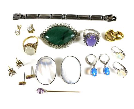 A collection of silver and costume jewellery, comprising a pair of silver and mother of pearl earrings, a silver and chalcedo