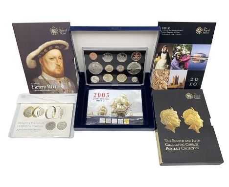 The Royal Mint United Kingdom 2005 proof coin set, with certificate, 2009 'Henry VIII' brilliant uncirculated fine pound coin