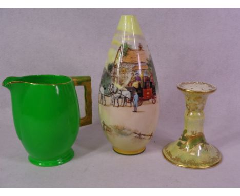 ROYAL DOULTON SERIESWARE VASE, 22cms tall, Crown Devon Lustine hat pin stand, Carltonware jug