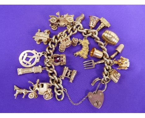 9CT GOLD LINK CHAIN (all marked) with padlock and approximately 18 good charms, 90grms gross