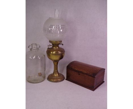 BRASS BASED OIL LAMP WITH ETCHED SHADE, demijohn and a domed top treen workbox