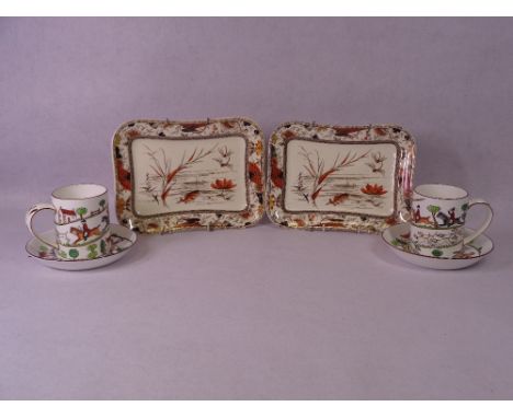 CROWN STAFFORDSHIRE HUNTING SCENE - a pair of mug and saucers and a pair of Doulton rectangular serving plates