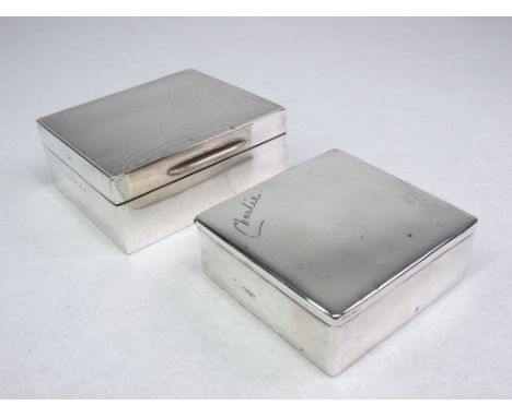CIGARETTE BOXES (2) - plain square box inscribed 'Charlie', London 1905 and a further square box with engine turned lid, Lond