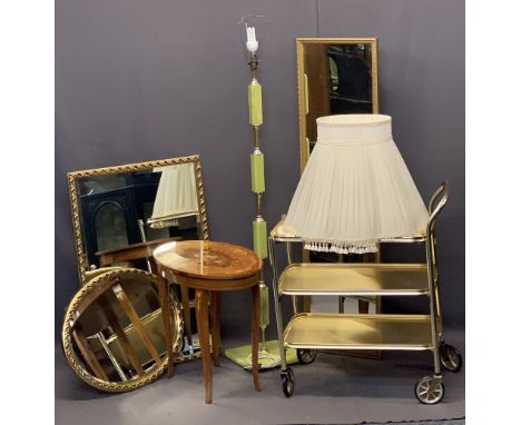 ONYX STANDARD LAMP &amp; SHADE, an oval Italian music box, a gilt three shelf trolley and three gilt mirrors, various measure