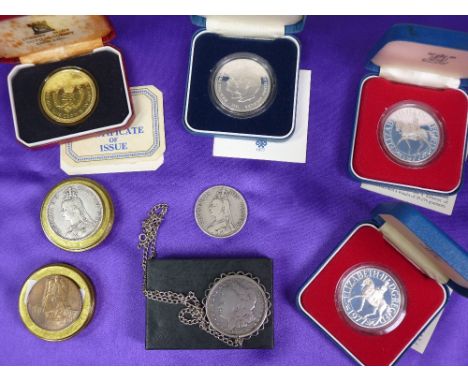 MIXED COINAGE, A PARCEL including an 1889 Victoria Crown, a silver florin, a 1924 British Empire medal, an American dollar wi