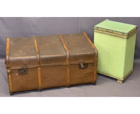 STEAMER BANDED TRUNK, 40cms H, 84cms W, 54cms D and a Loom linen basket, 54cms H, 36cms W, 26cms D