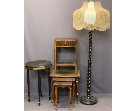 MIXED VINTAGE &amp; LATER SIDE TABLES and an oak barley twist standard lamp with velum shade, 174cms overall H
