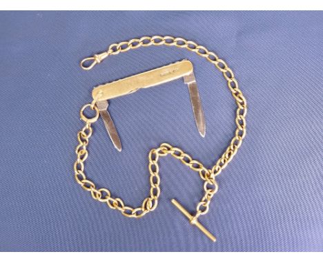 A 9CT GOLD FRONT &amp; BACK PENKNIFE - with 18ct gold chain T bar and swivel with all links marked '18ct'.  Weight of chain a