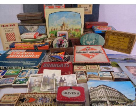 COLLECTABLES - vintage advertising tins, cribbage boards and other old games, matchbox and postcard collection, ETC