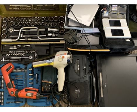 MIXED HOUSEHOLD ELECTRICALS, POWER TOOLS and other items including a boxed Apple USB Super drive, Nintendo DS Lite games cons