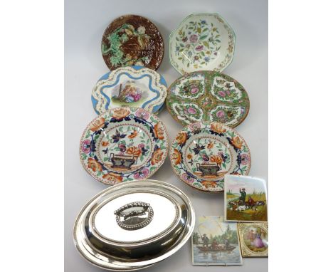 DRESDEN TYPE CABINET PLATES, Minton Haddon Hall pedestal bowl, Majolica plate, Ironstone dinnerware, Chinese Canton cabinet p