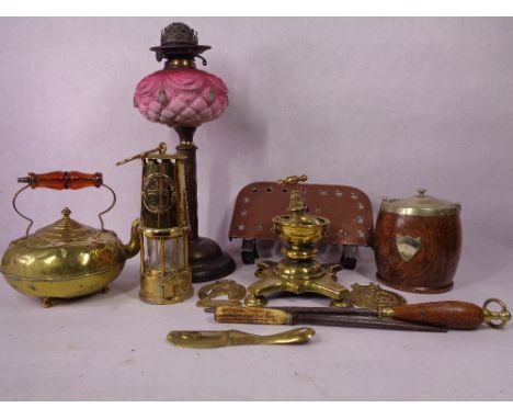 METALWARE - Eccles, The Projector Lamp and Lighting Company Ltd miner's lamp, brass oil lamp with decorative Milk glass reser