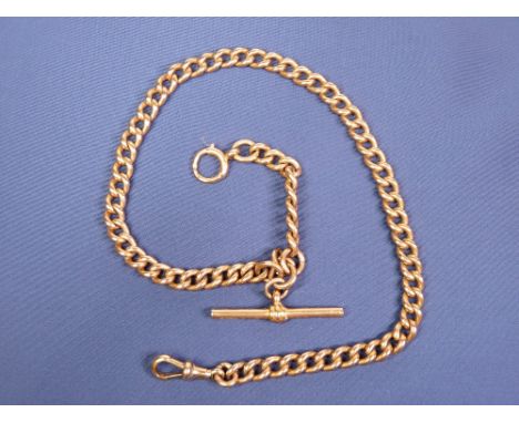 A GOLD ALBERT CHAIN - 9ct with T bar swivel and circular link, 57grms, 40cms long