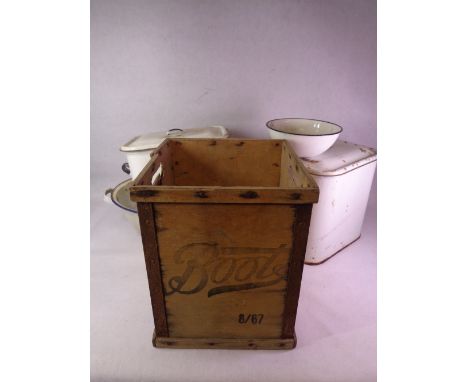 ENAMEL LIDDED BREAD BINS, 31cms tall, an enamel bath, 51cms L, ETC and a wooden merchandise box for Boots the Chemist