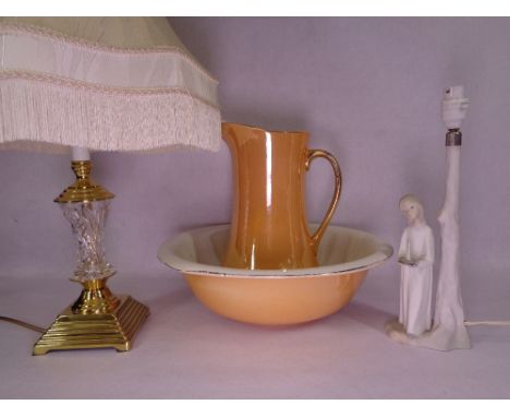 LUSTRE WASH BASIN &amp; JUG SET, Nao table lamp and a fancy glass and brass effect table lamp