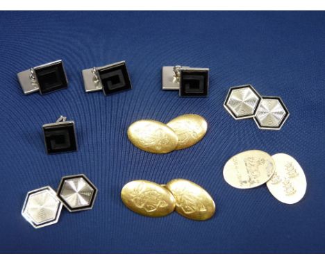 CUFFLINKS - a pair of 9ct gold oval, 10.4grms, a single 9ct gold two-part cufflink, 2.7grms and a parcel of white metal and b