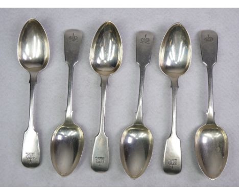 WILLIAM IV SILVER TABLESPOONS, SET OF SIX - London 1835, Maker William Eaton, 10.3 troy ozs gross, fiddle pattern, the ends w
