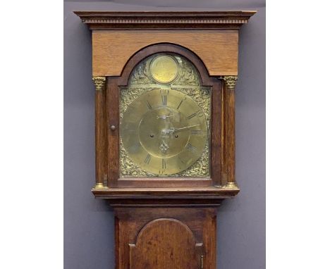 CIRCA 1840 OAK LONGCASE CLOCK with arched top Bastal brass dialwith Gowland Sunderland name plaque, the brass chapter set wit
