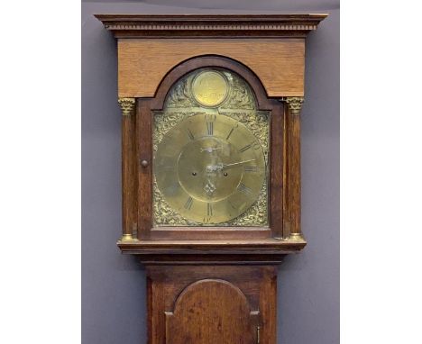 CIRCA 1840 OAK LONGCASE CLOCK with arched top Bastal brass dialwith Gowland Sunderland name plaque, the brass chapter set wit