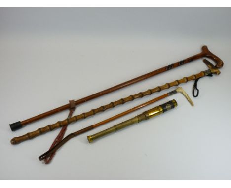 SMALL BRASS TELESCOPE, vintage riding crop and two walking sticks