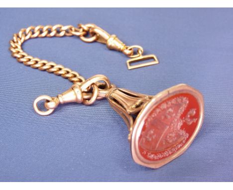 A LARGE OVAL BLOOD STONE COCKEREL SEAL in a believed 9ct bell shaped mount together with a short length of 9ct chain with two