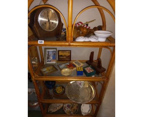 A 4 shelf unit including vintage collectables including oak mantle clock etc.&nbsp;Collect Only.