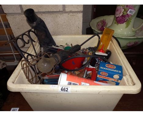 A box of tools, g clamps, bike light etc