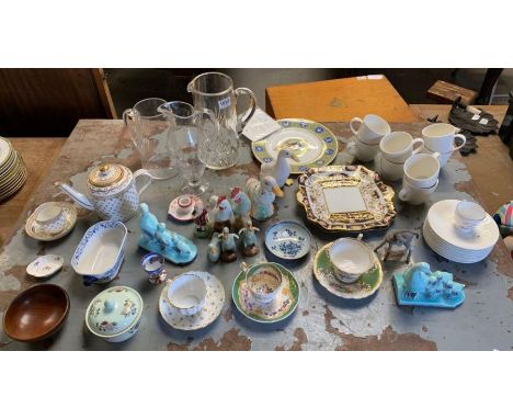 A collection of ceramics and glass items to include Meissen pin dish, pair of Art Deco style book end in the form of ducks, t