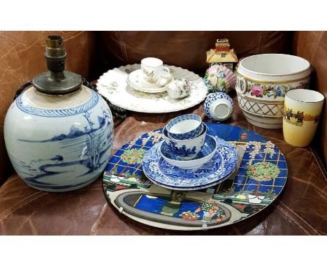 A Chinese blue and white ginger jar, converted to a lamp, along with a Royal Worcester cup and saucer, small Chinese Famille 