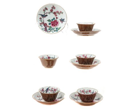 Decorated with floral sprays and birds, exterior café au lait glaze , 18th Century, saucers are 10 cm. in diameter.