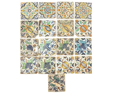 17 tiles, including 17th century grape tile, 13 x 13 cm.