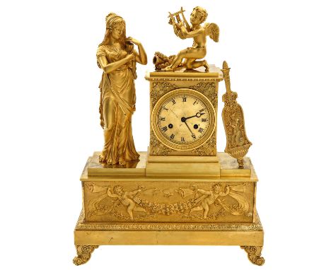 France, Empire period, gilded bronze, depicting a woman with putti and harp, height 44 cm.
