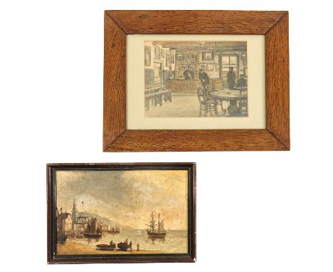 2 frames, incl. oil on panel harbour view, 29 x 20 cm.