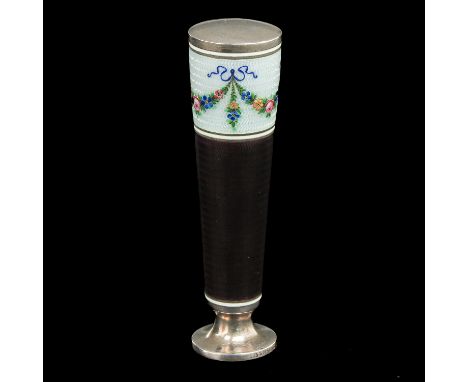 silver with brown and light blue GuillochŽ enamelling with flowers, early 20th century, height 76 mm.