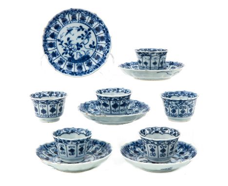 Including 6 cups and 5 saucers, 18th Century, saucers are 11 cm. in diameter, hairline.