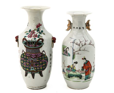 Decors of Chinese antiquities and Chinese figures in a garden with Chinese calligraphy, 19th / 20th Century, tallest vase is 