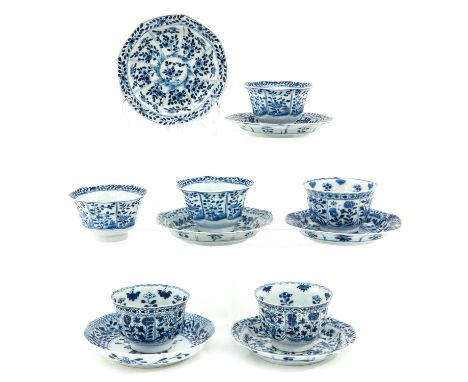 Floral decor, including 18h Century, saucers are 13 cm. in diameter, chip and hairline.
