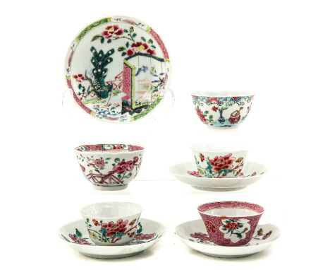 Including 5 cups and 4 saucers in a variety of Famille Rose decors, including 18th Century, largest saucer is 12 cm. in diame