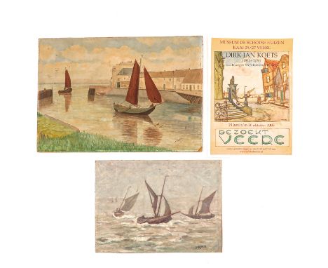 consisting of 2 oil on panel, including Dirk Koets ( 1895 - 1956 ), depicting a seascape, 42 x 31 cm.