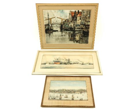 consisting of an optical print Portugal, a watercolour signed Jongere and a pastel depicting a bridge in a village, 58 x 46 c
